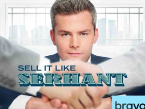 A man in a blue suit looks at the camera as two men shake hands in front of him. This is on the Perfect 6 Marketing website and is Bravo TV's promo for Sell Ut Like Serhant, which is written in teal.