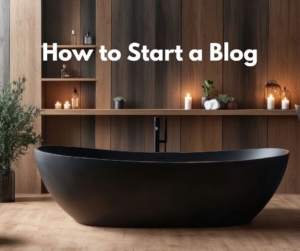 A bathroom with a black tub illustrating how to start a blog.