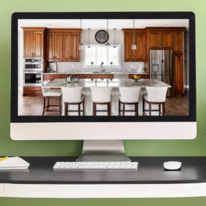 Web Design Management Perfect Six Marketing picutre of a kitchen remodel with white chairs and wood cabinetry to display home remodeling inspiration