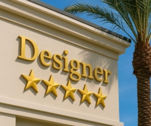 A building next to a palm tree that reads Designer in gold and has 5 gold stars underneath.