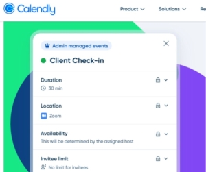 Purple and green graphic for client check-in on Calendy.