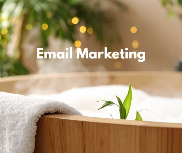 Wood tub with plant to advertise email marketing.