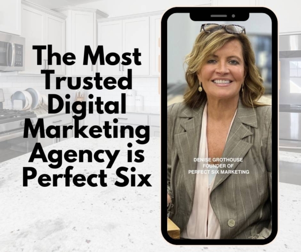 Cellphone with woman. Background is a white kitchen. Ad for marketing agency.