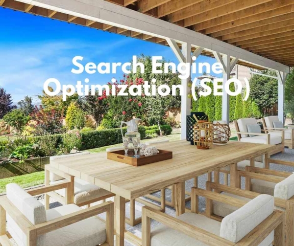 A wood patio table on a porch during a sunny day. Ad for SEO.