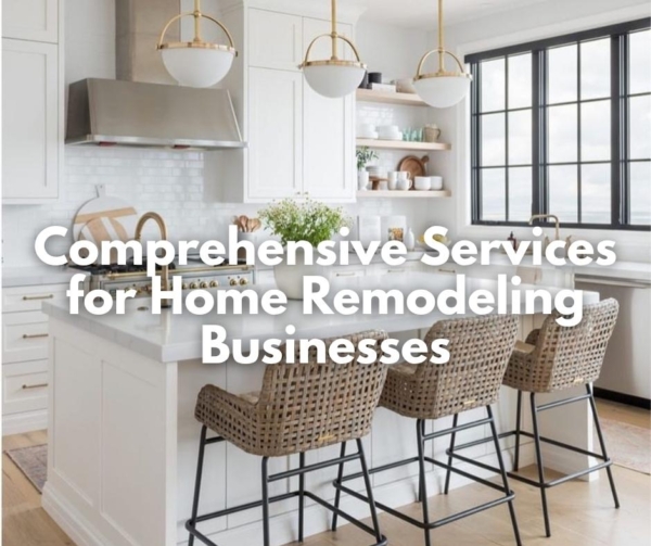 A kitchen with white cabinets and a white island advertising home remodeling marketing.