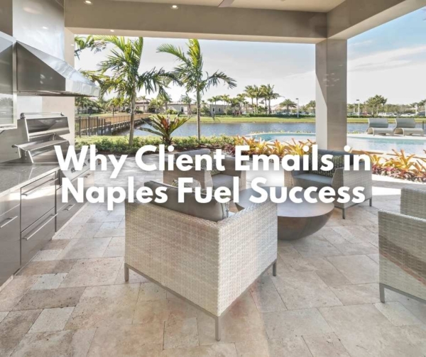 A outdoor patio with a lake and palm trees in the background to illustrate email marketing in Naples.
