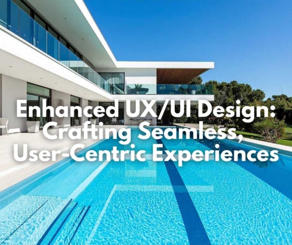 Large pool by a white house on a sunny day to illustrate UX design.