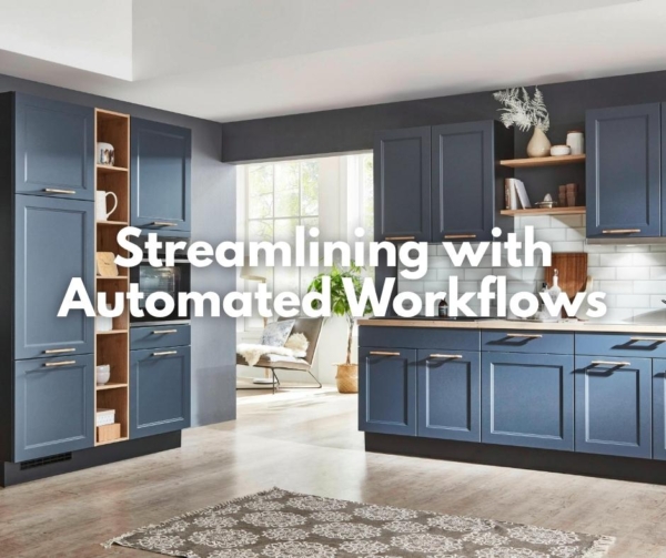 A kitchen with blue cabinets illustrates workflows.