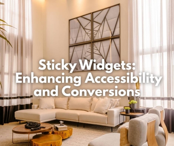 A white living room with art. Illustrates sticky widgets on website.