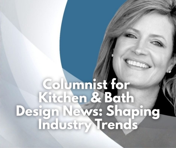 A woman in black and white on a blue and gray background.