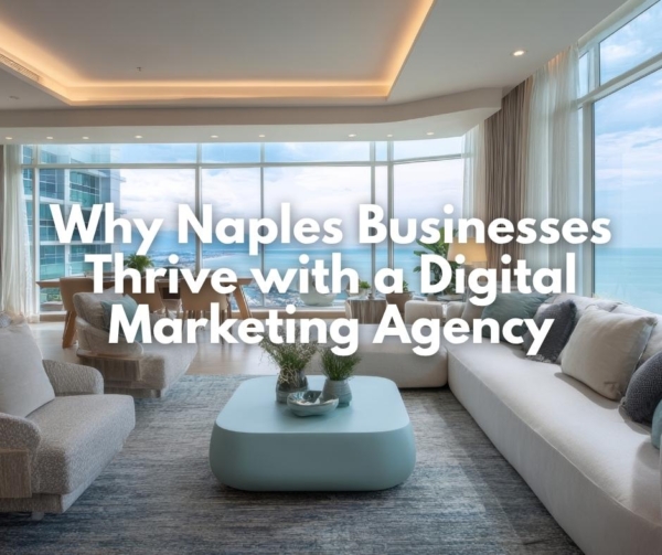 A living room with large glass windows on the Gulf. Illustrates marketing for Naples.