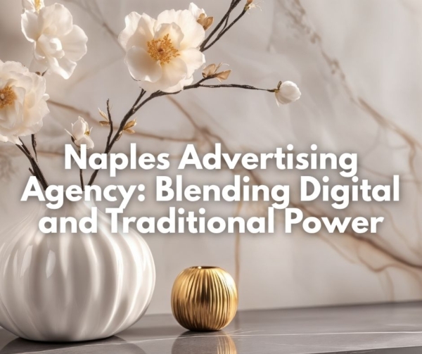 Flowers and a gold decoration on a table illustrates an ad agency.